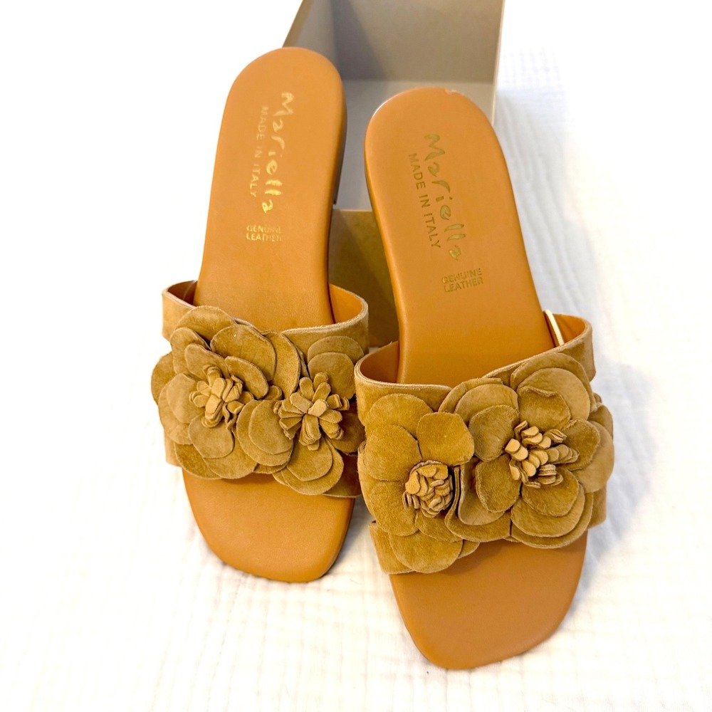 Mariella Made in Italy Tan‎ Leather Floral Slide Sandals Square Toe  8M